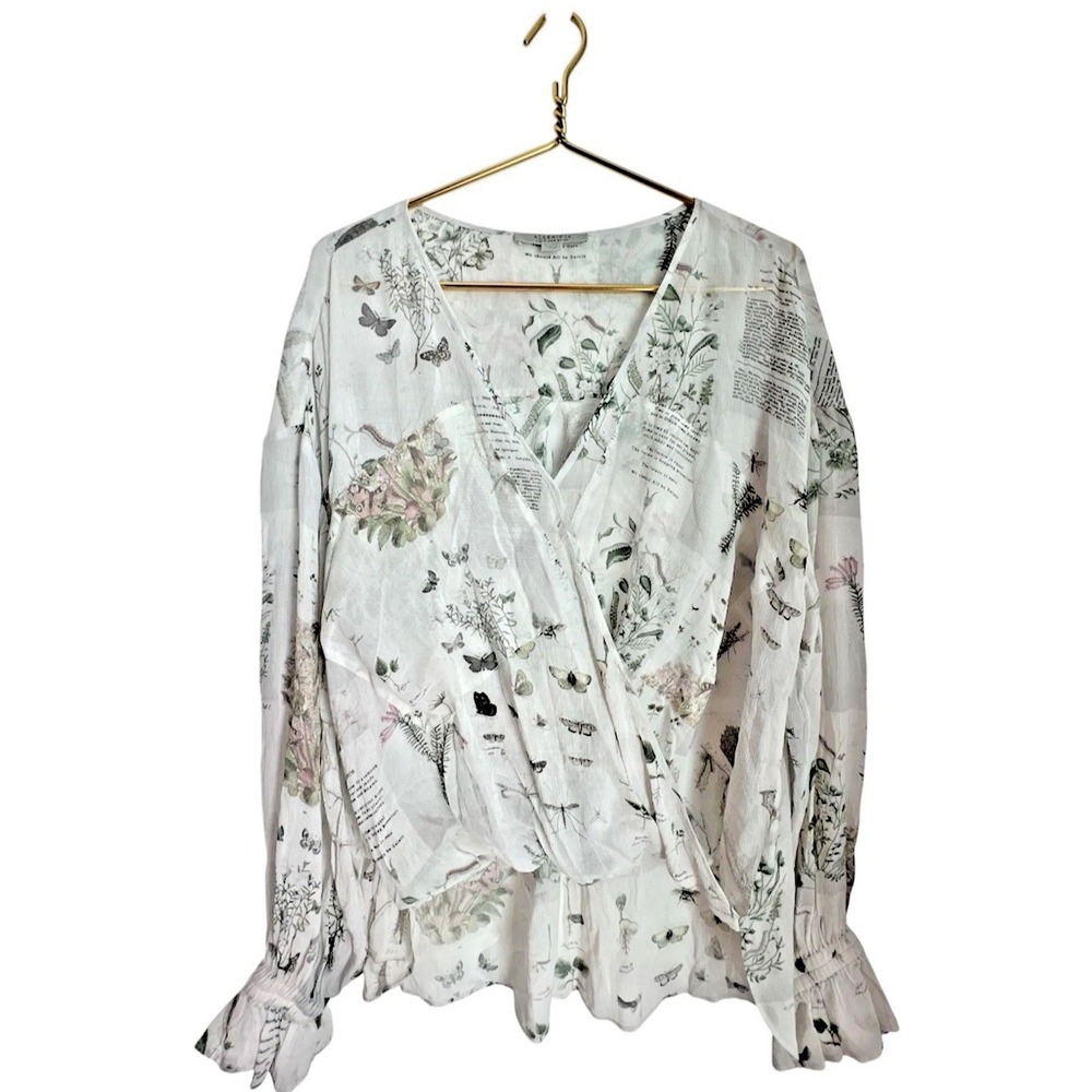 AllSaints Penny Rebirth Blouse Womens 8 White Floral Nature Print Peasant V Neck